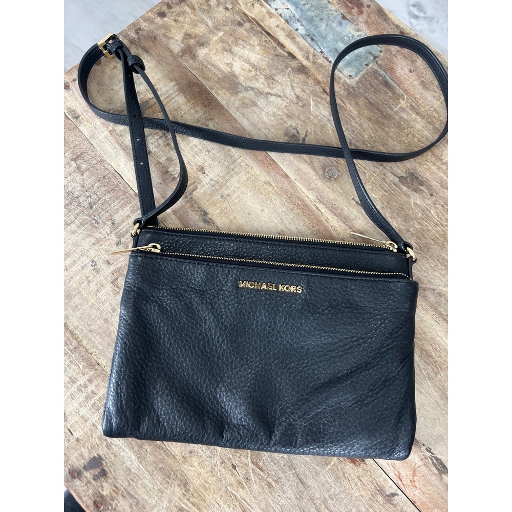 Michael Kors Black Pebbled Leather Triple Gusset Crossbody Bag Gold Hardware